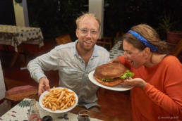 Bob and Engeline eating the biggest burger